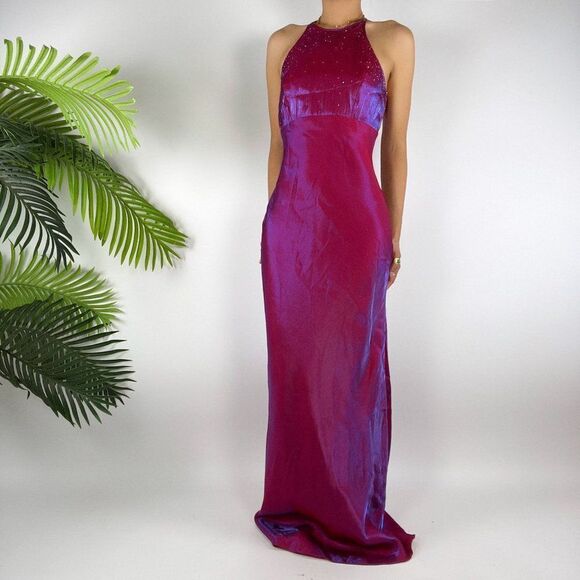 Vintage 2000s Purple Iridescent Vampy Fairycore Halter Top Prom Evening Dress /5 - Picture 5 of 6